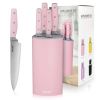 Hecef Kitchen Knife Block Set with Universal Knife Block Holder, High Carbon Stainless Steel Pink Chef Knife Set