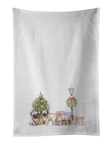 NEW Pug Puppy Fawn Duo with Christmas Wonderland Kitchen Towel Set of 2 White Dish Towels Decorative Bathroom Hand towel for Hand, Face, Hair, Yoga